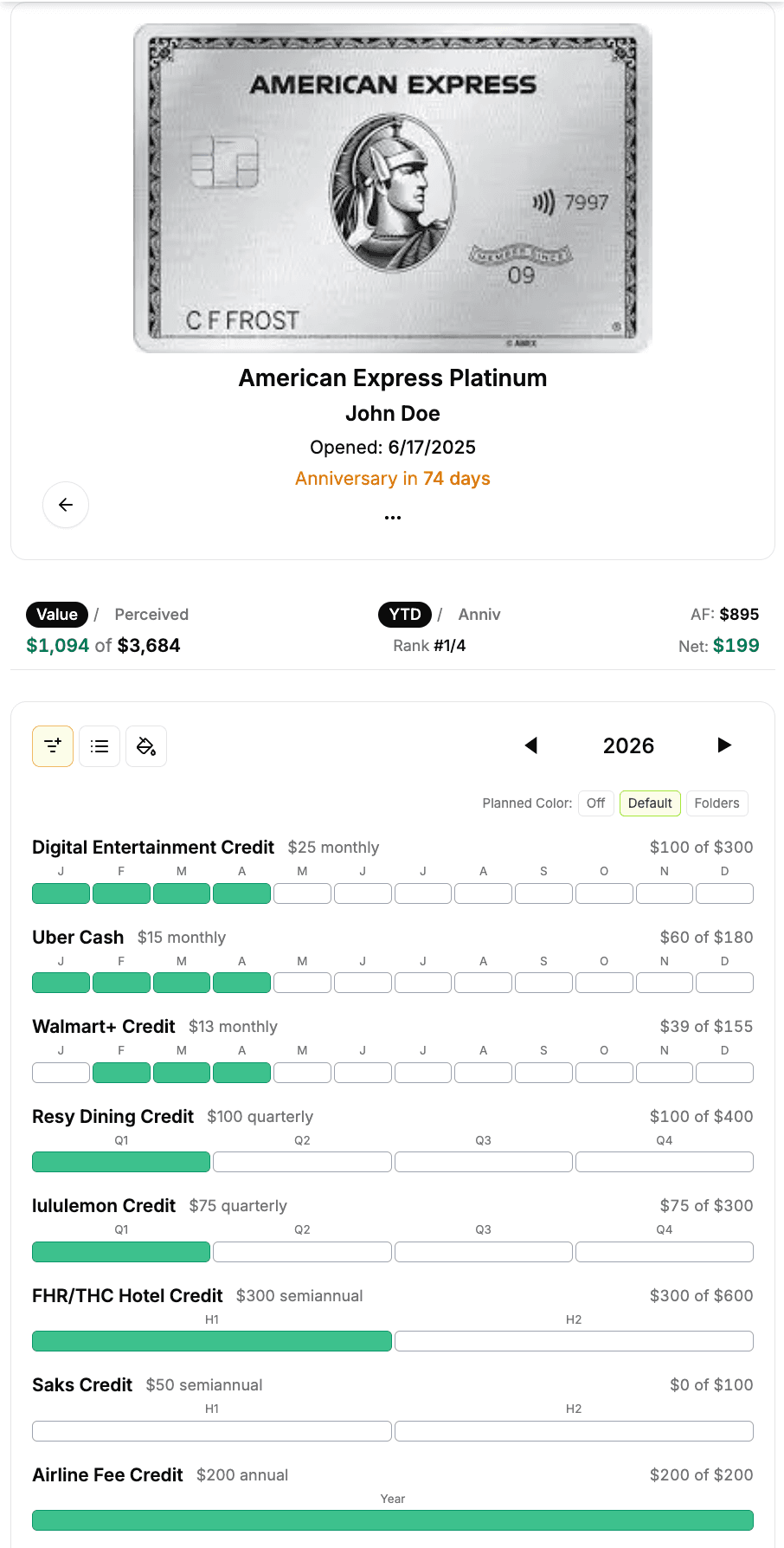 Card detail page with per-perk timelines